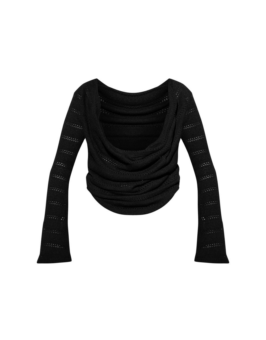 Black Textured Rib Long Sleeve Drape Front Top - 4