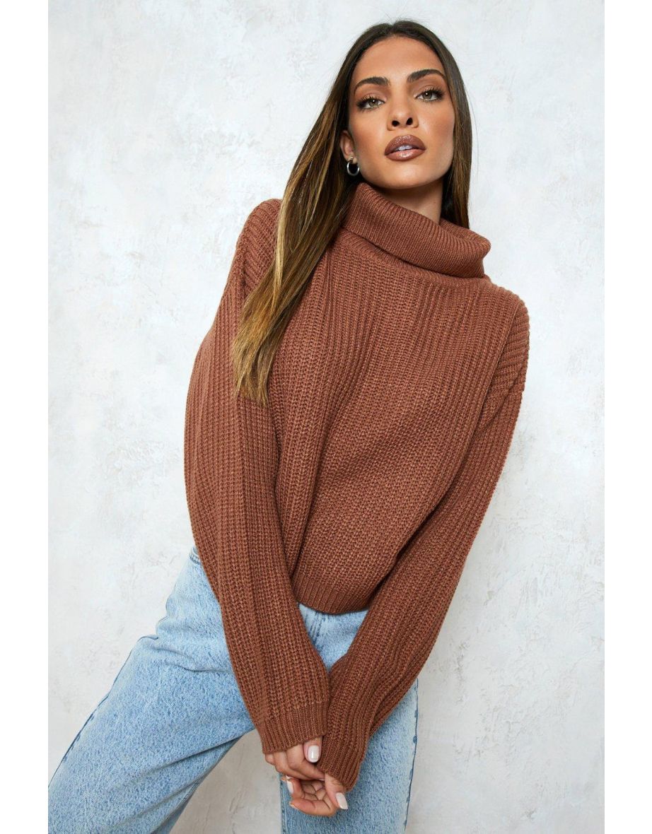 Cropped Fisherman Roll Neck Jumper - biscuit