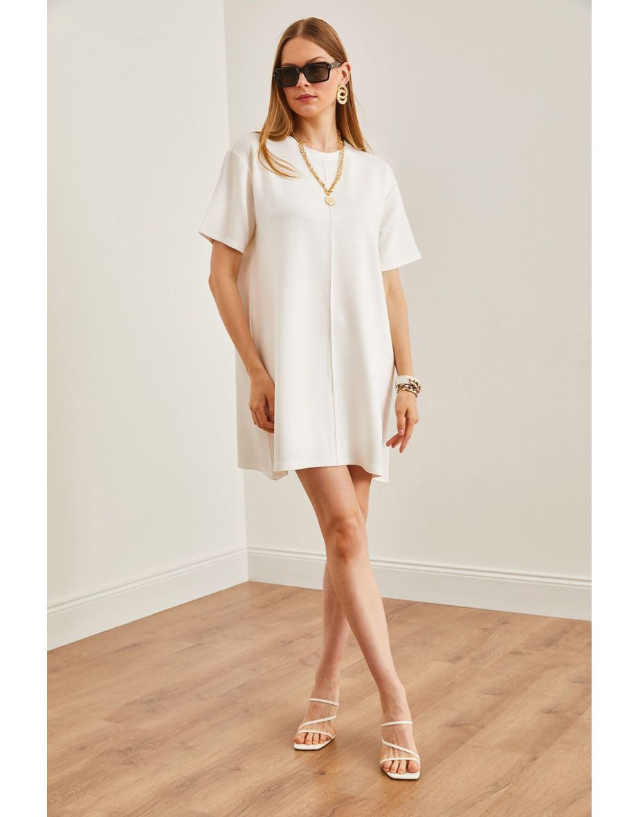 Women's Ecru Front Stitched Soft Textured Mini Dress