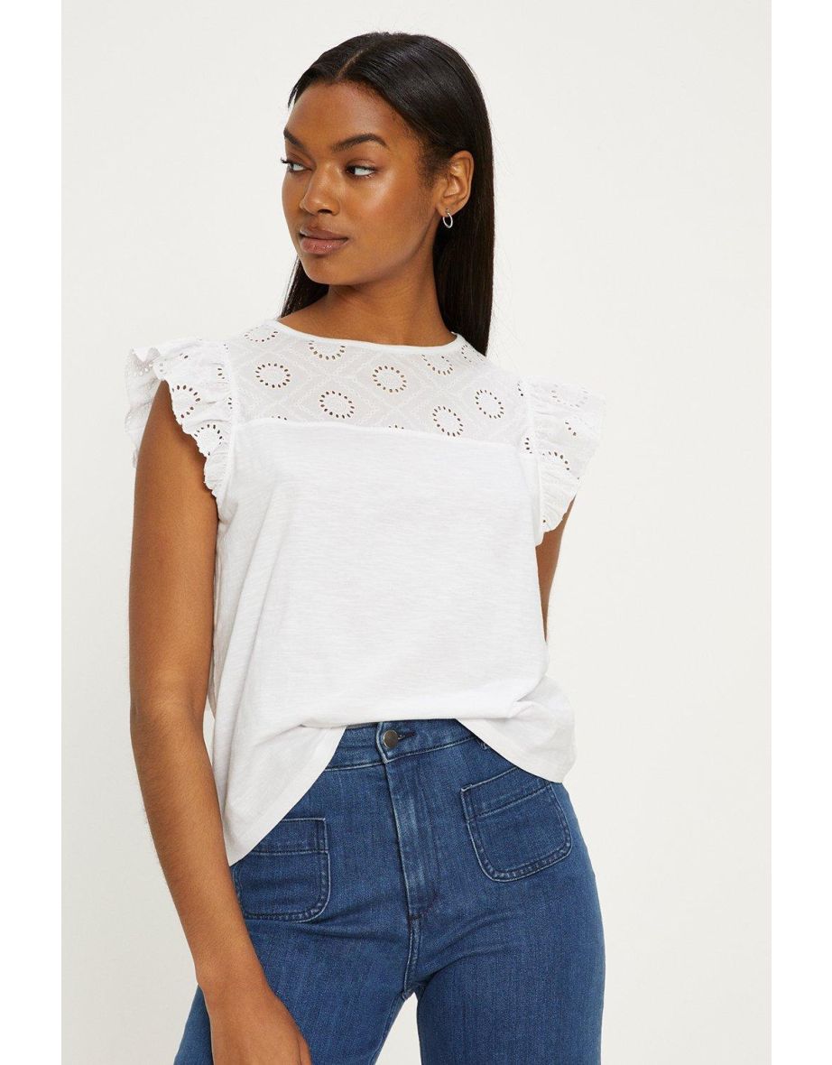 Broderie Yoke And Frill Sleeve Slub