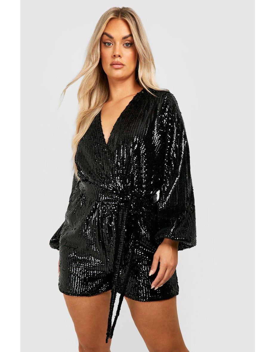 Plus Velvet Sequin Tie Waist Playsuit - black