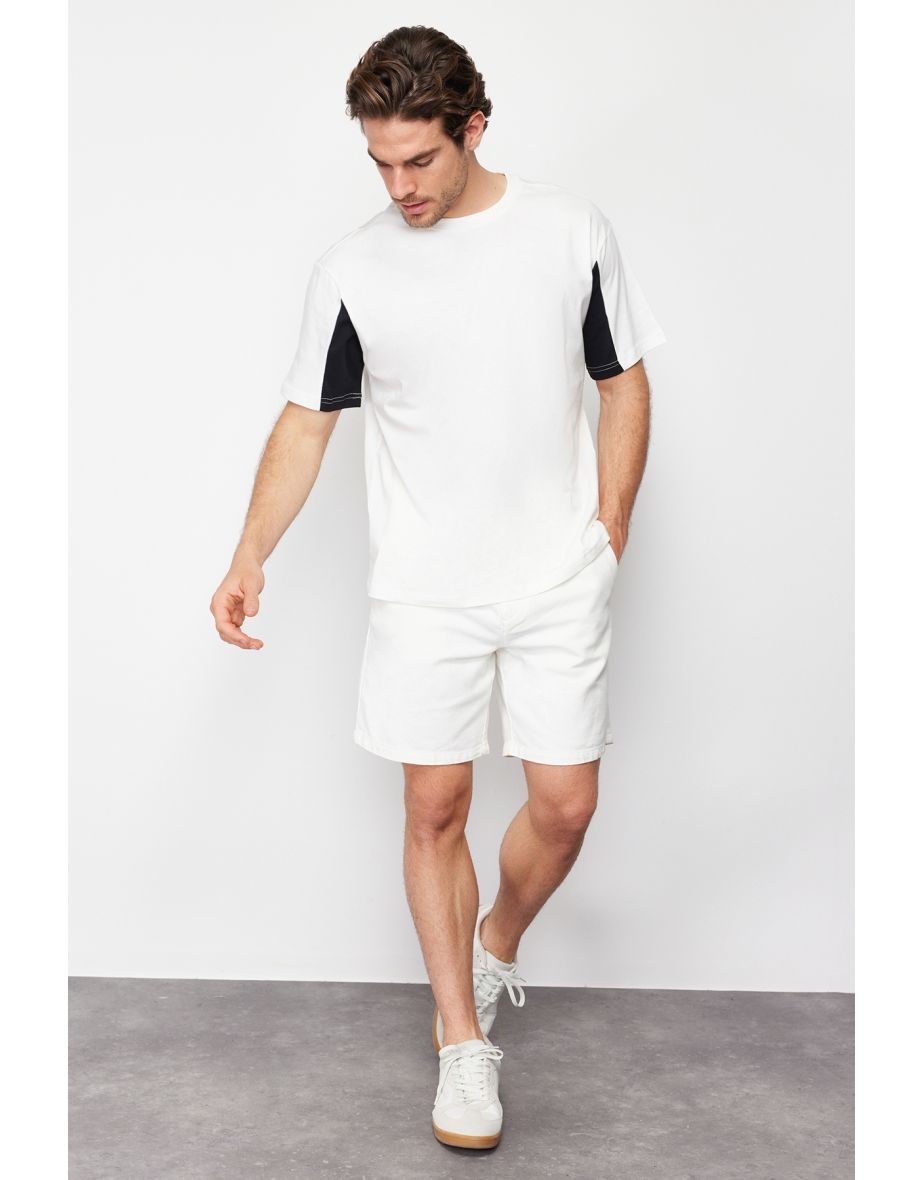 Ecru Men's Relaxed/Comfortable Fit Color Block 100% Cotton T-Shirt