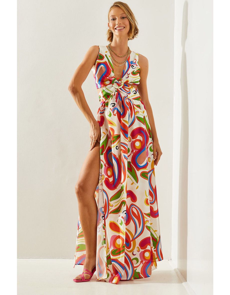 Women's Backless Kilos Cut Halter Neck Patterned Slit Detail Dress