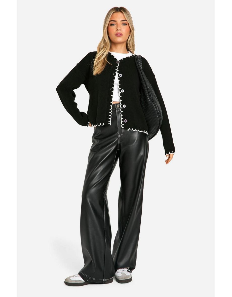 Blanket Stitch Knitted Crop Cardigan - black_ecru