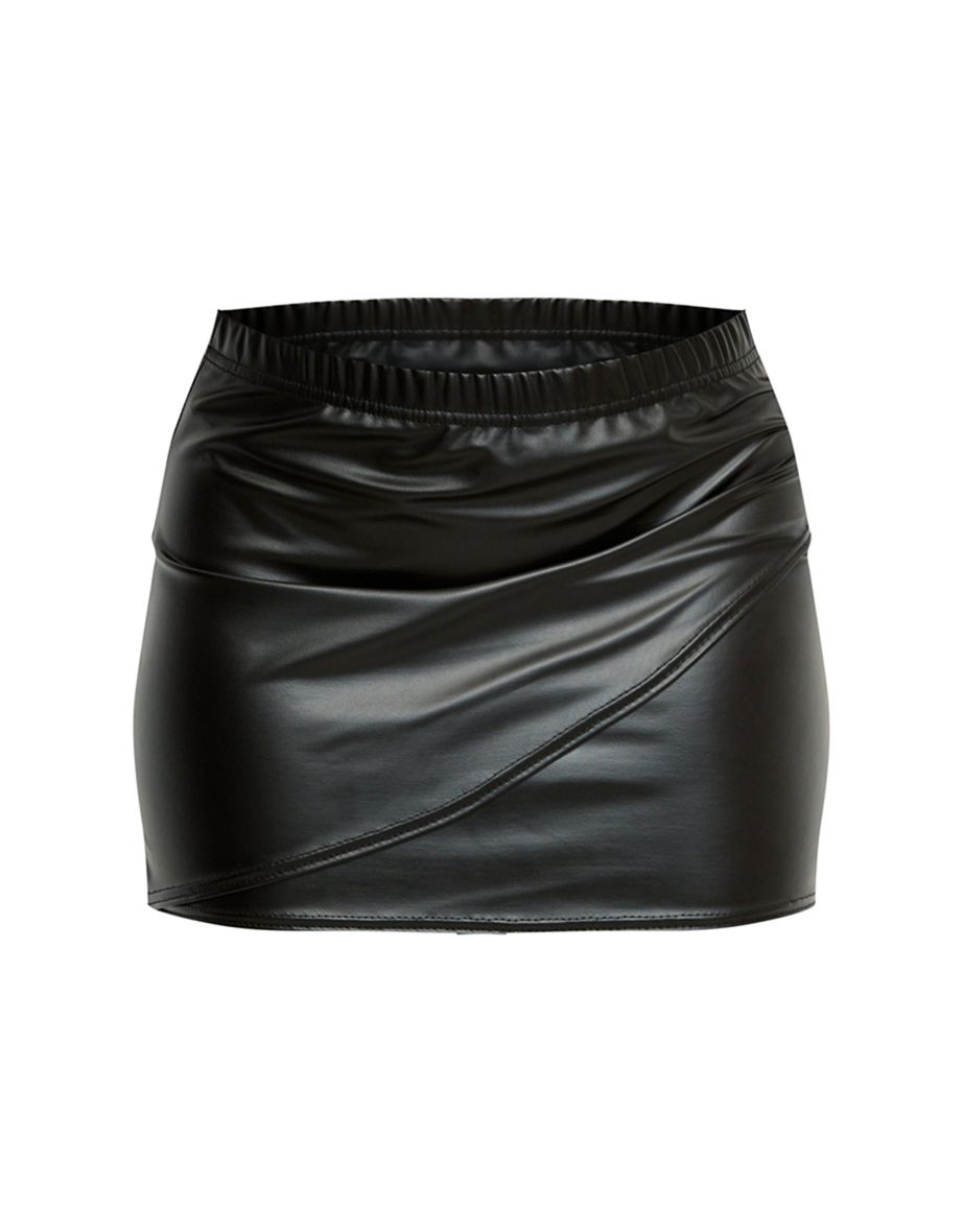 Black Faux Leather Wrap Over Mini Skirt - 5