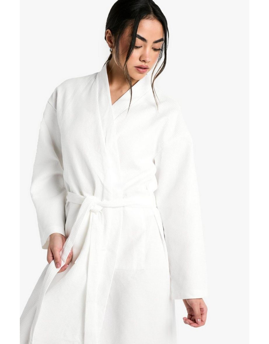Waffle Dressing Gown Robe - white - 3