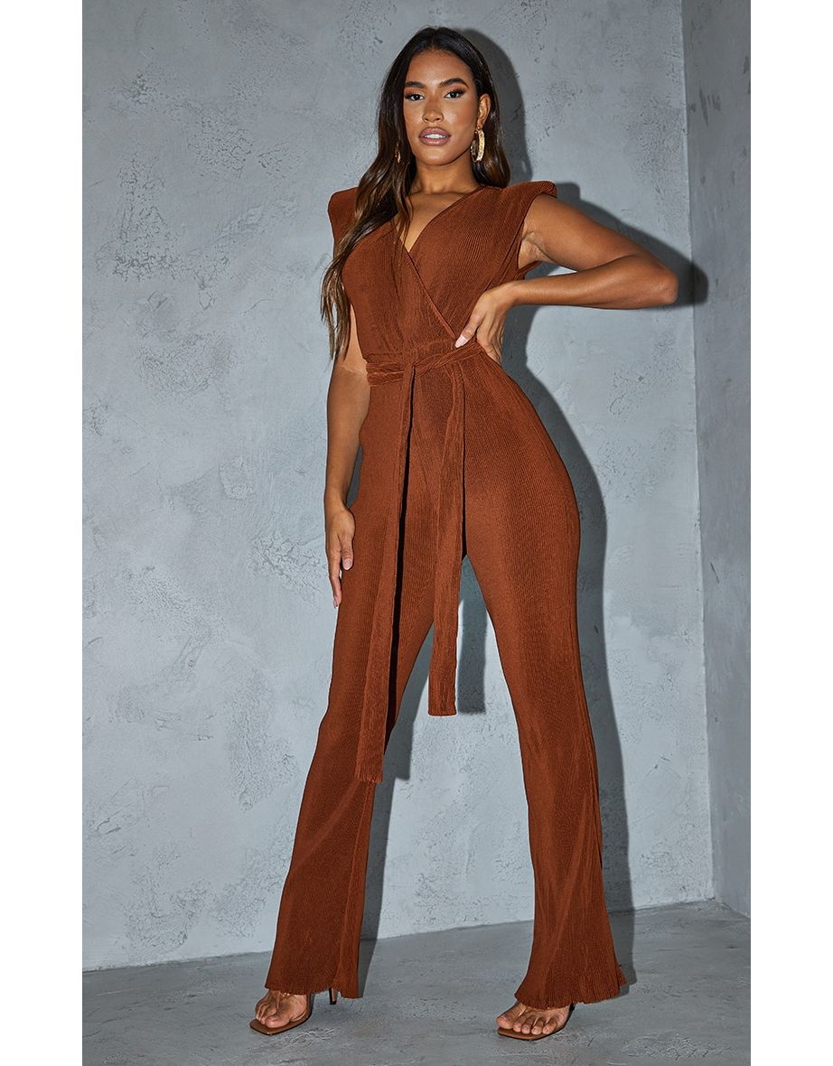 Chocolate Pleated Shoulder Pad Flared Leg Jumpsuit