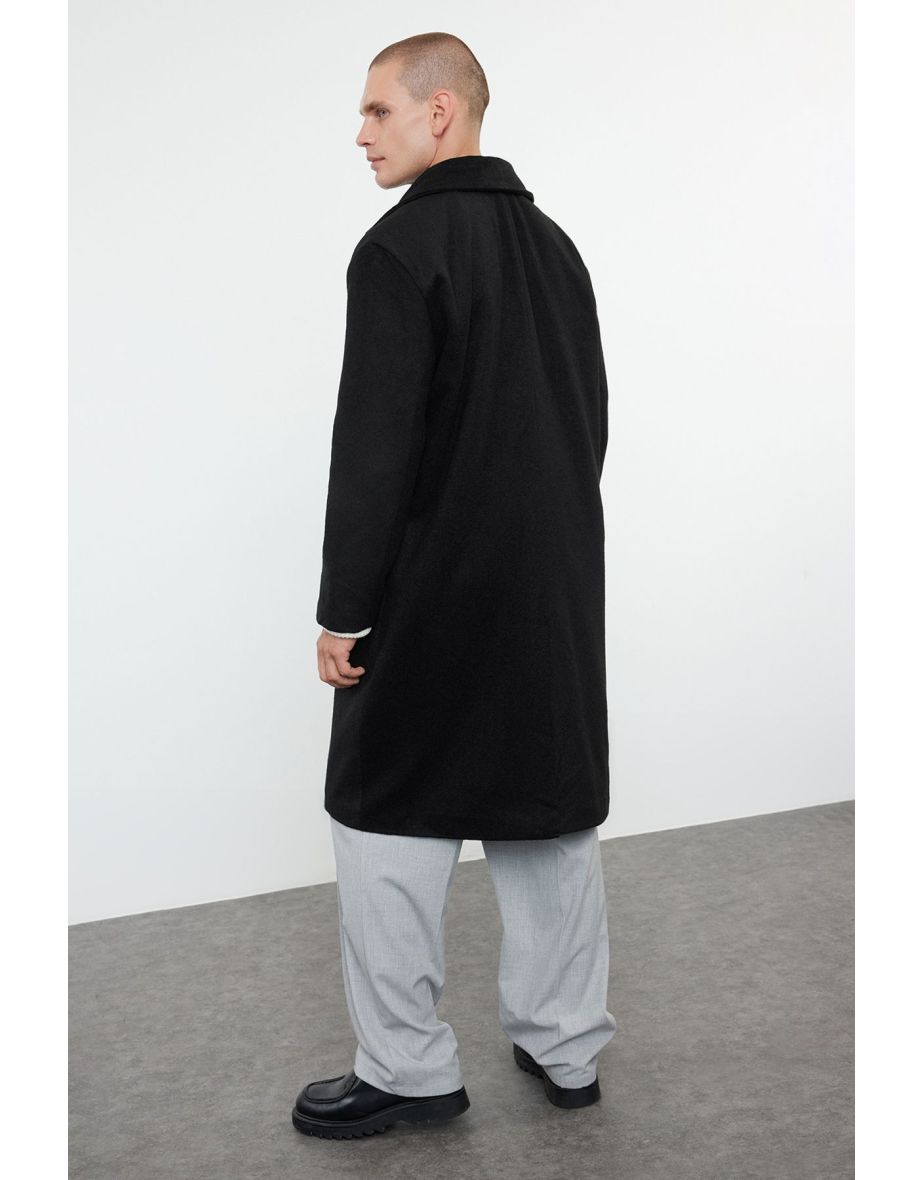 Black Men's Oversize Fit Winter Wool Blend Winter Coat - 4