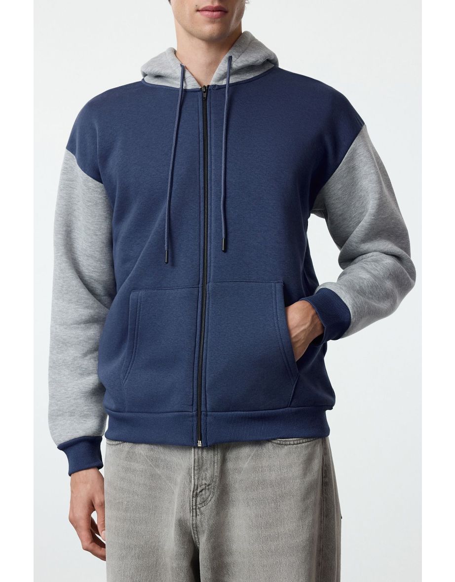 Indigo Oversize/Wide Cut Hooded Color Block Fleece Inside/Warm Zippered Cardigan/Sweatshirt - 6
