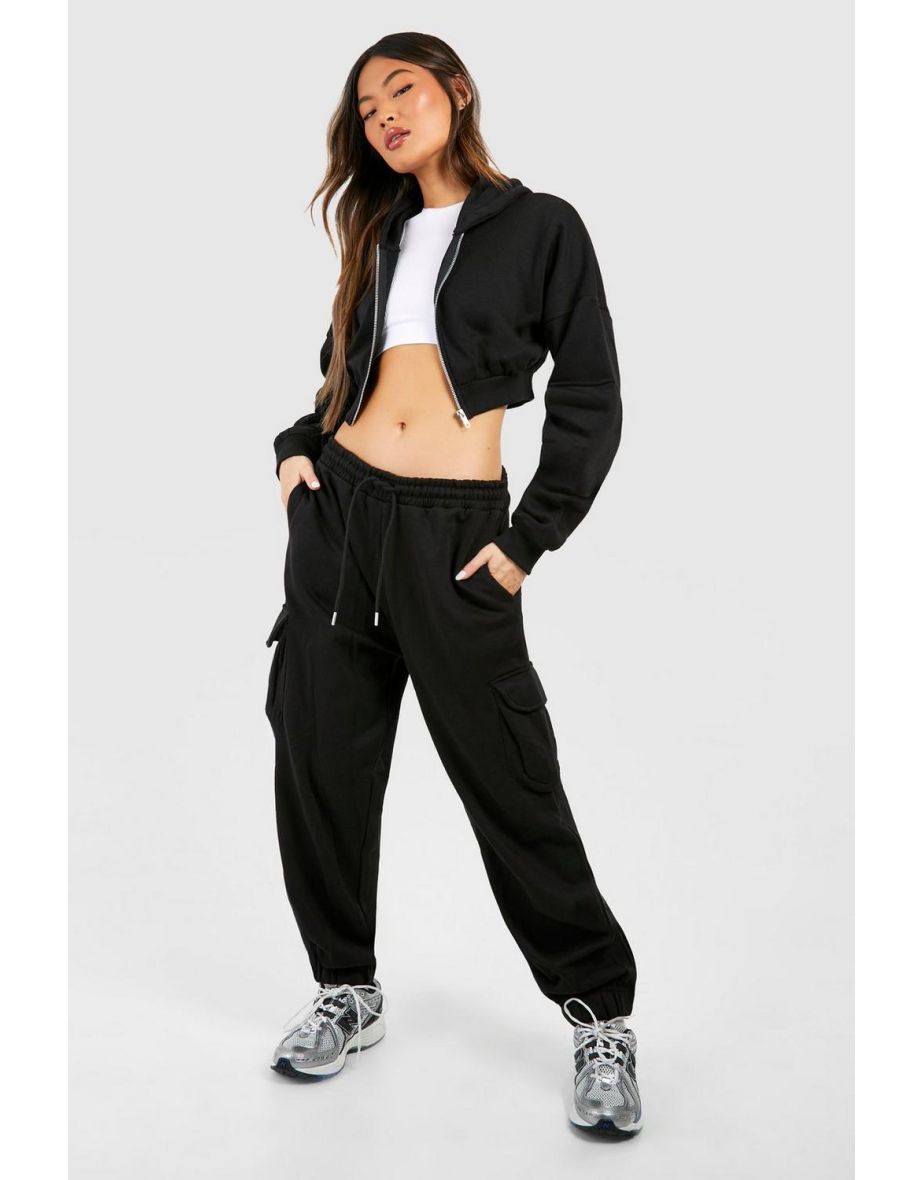 Cargo Pocket Cropped Hoodie Tracksuit - black