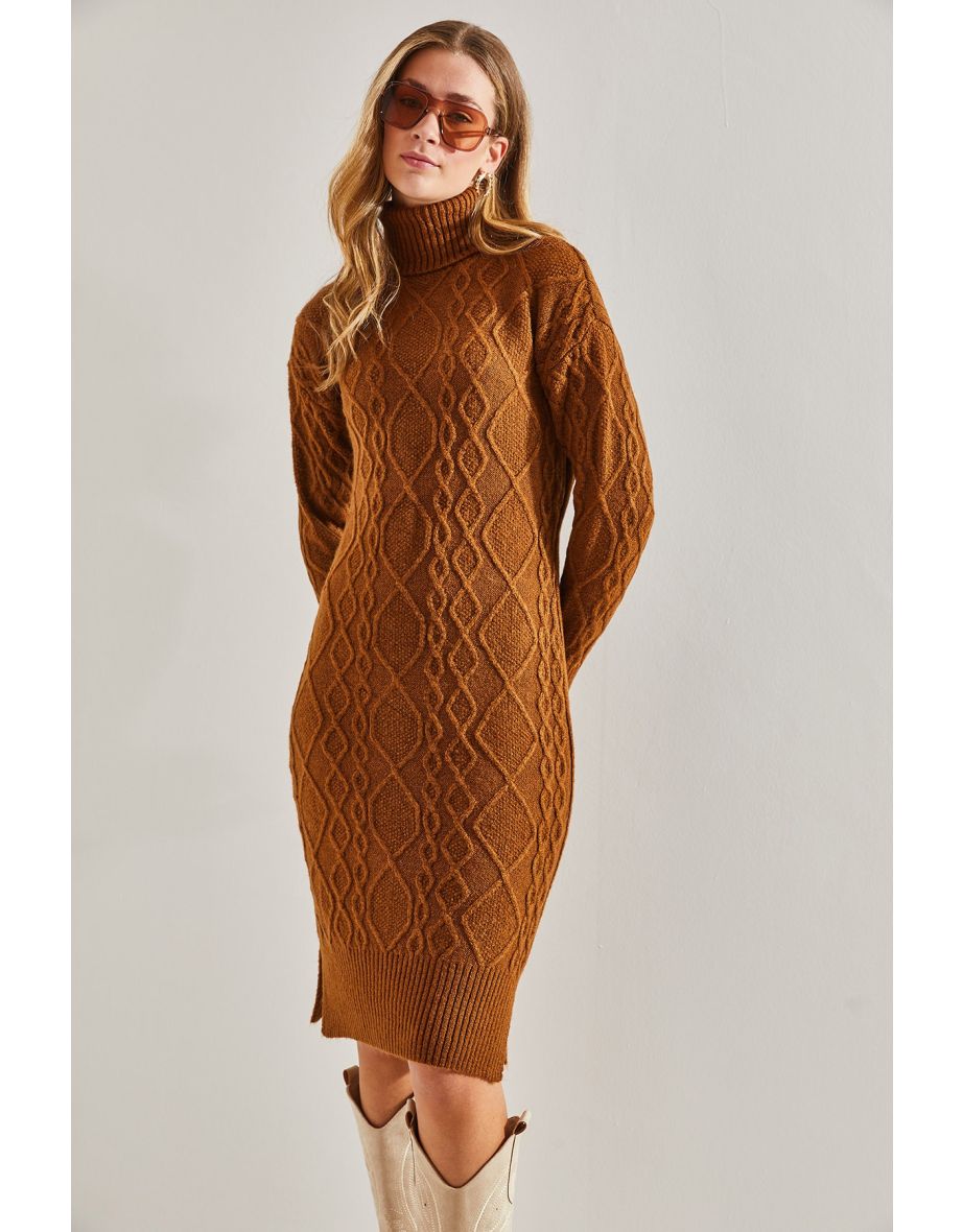 Women's Hair Braided Turtleneck Knitwear Dress - 5
