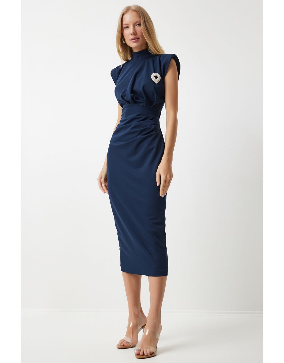 Women's Navy Blue Stylish Brooch Gathered Saran Knitted Dress