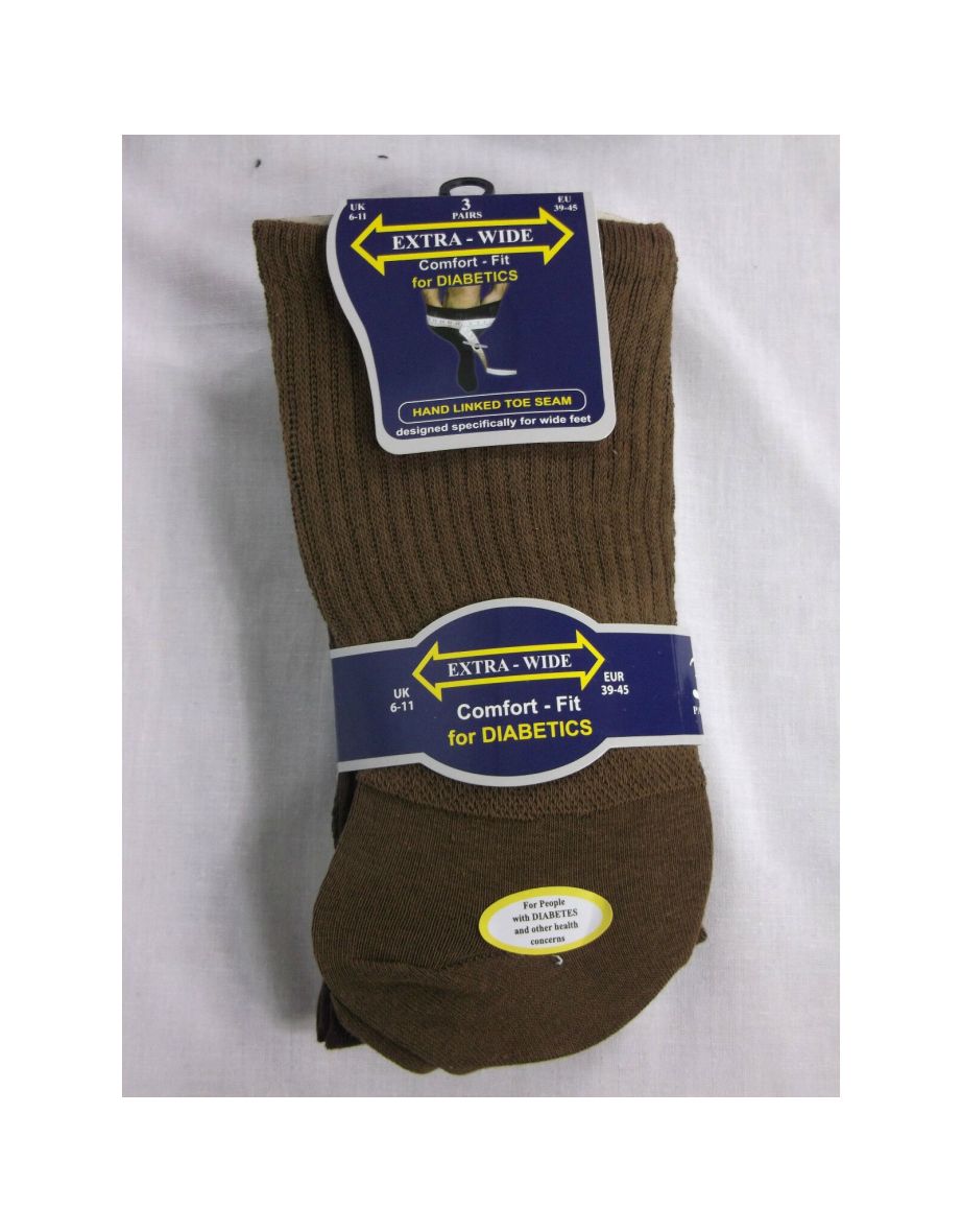 Mens Extra Wide Comfort Fit Wide Feet Diabetic Socks (3 Pairs) - Brown Shades - 1