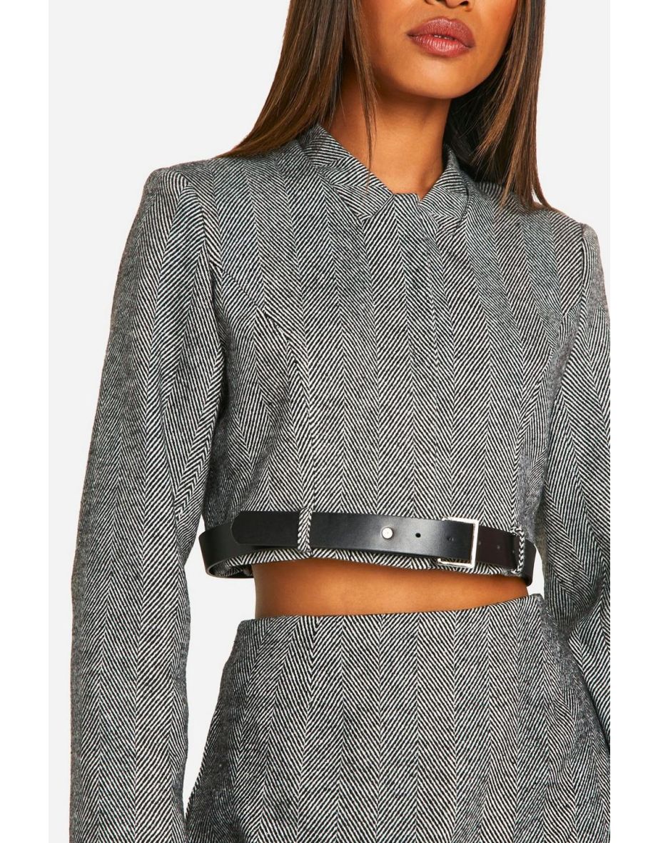 Herringbone Belt Detail Cropped Blazer - black - 3