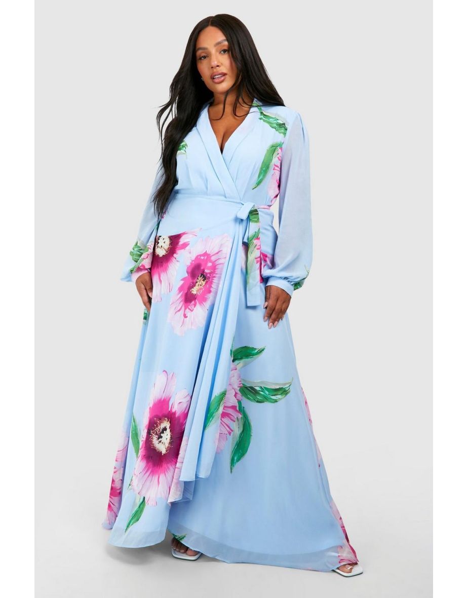 Plus Floral Print Long Sleeve Wrap Maxi Dress - blue