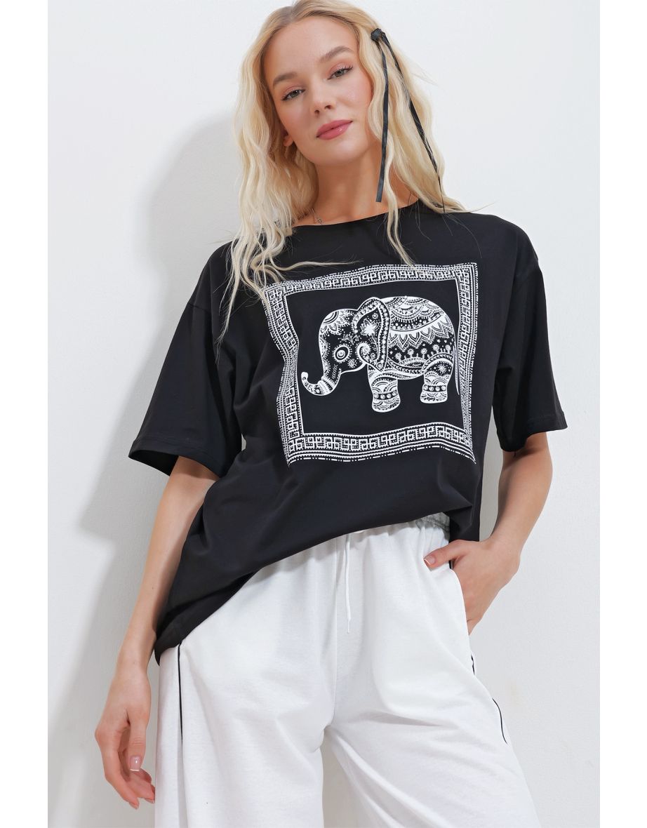 Women's Black Crew Neck Stoned Elephant Printed Oversize T-Shirt