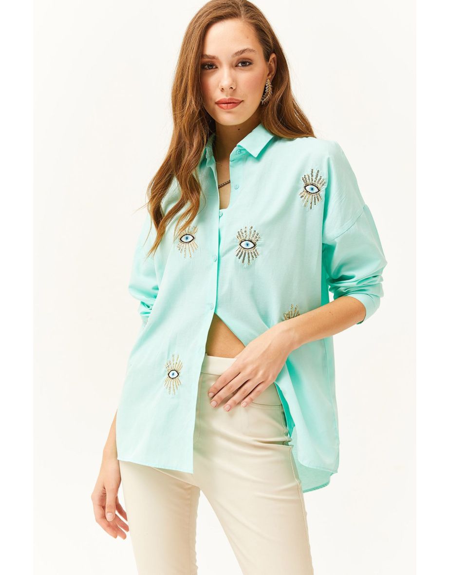 Women's Aqua Green Sequin Detailed Woven Boyfriend Shirt