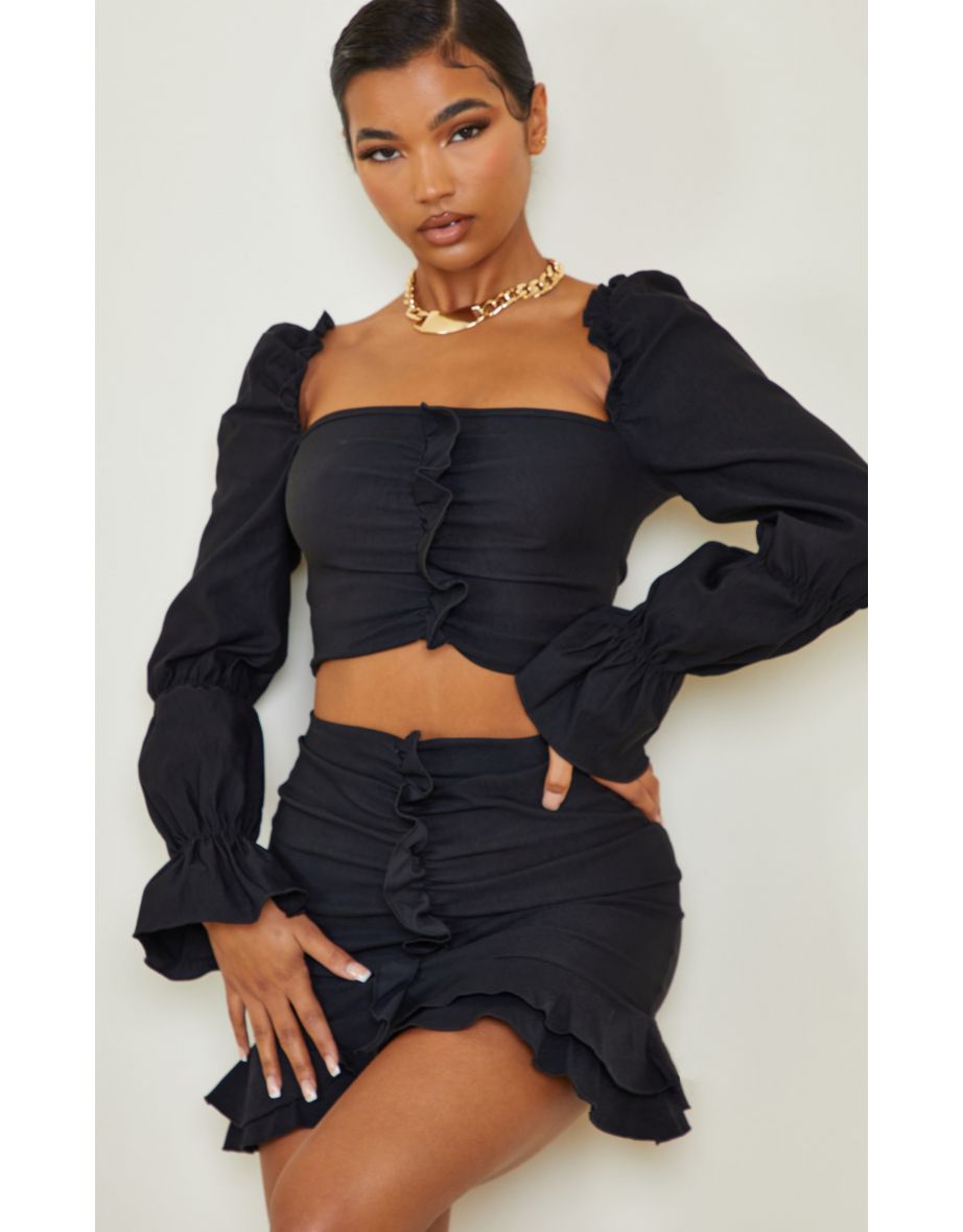 Black Woven Stretch Frill Ruched Front Long Sleeve Crop Top