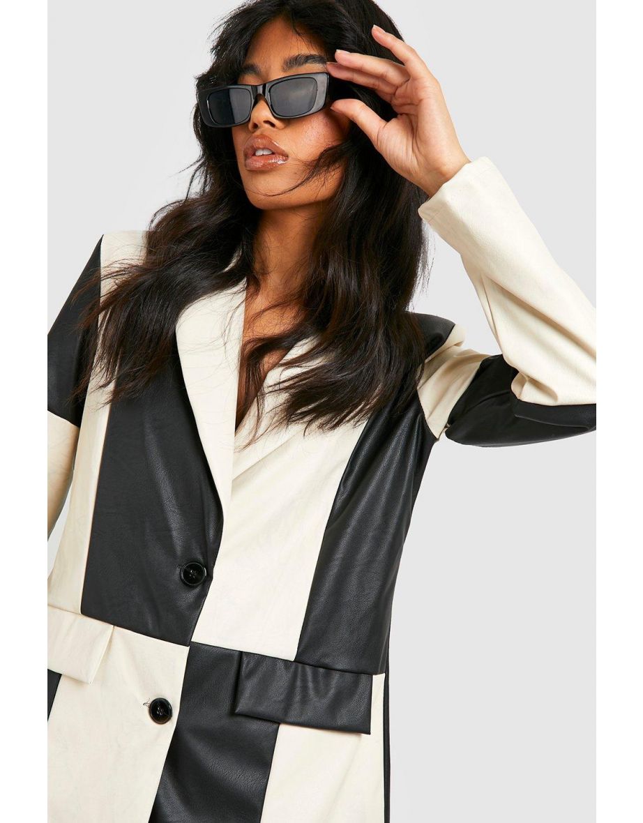 Oversized Faux Leather Colour Block Blazer - black - 3