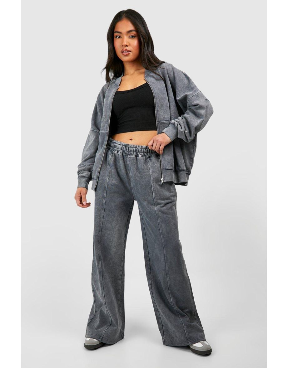Petite Washed Zip Through Bomber Straight Leg Tracksuit