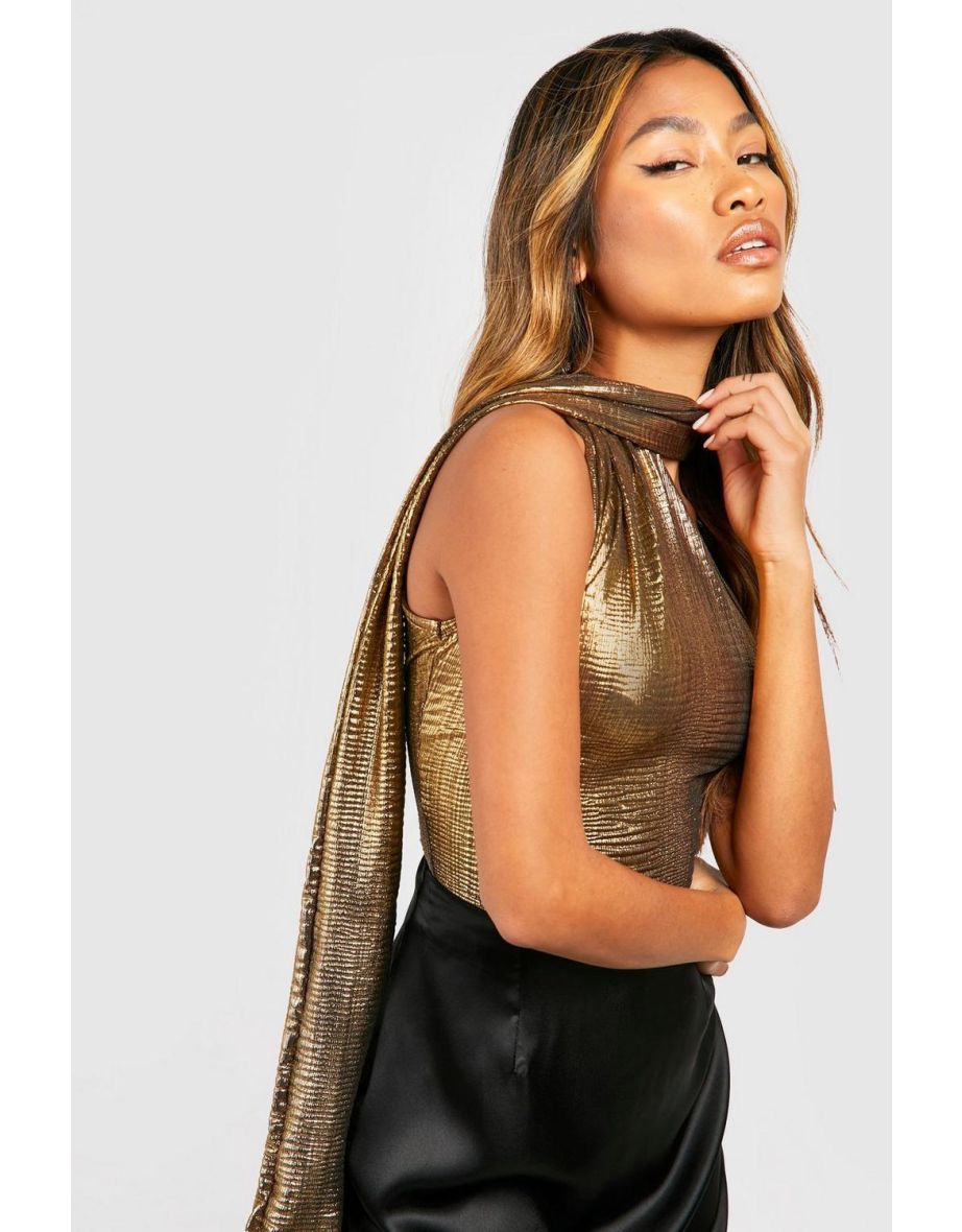 Gold Metallic One Shoulder Tie Neck Top - gold - 3
