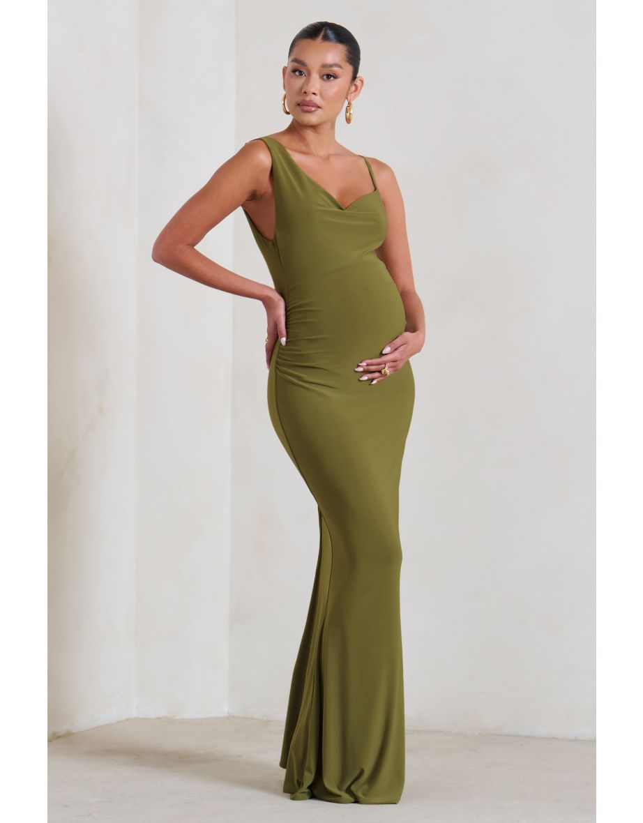 Phantasy | Olive Green Maternity Cowl Neck Maxi Dress - 3