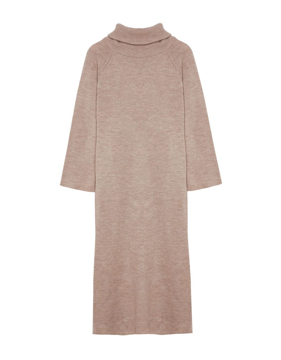 Light Brown Turtleneck Long Soft Textured Knitwear Dress - 6