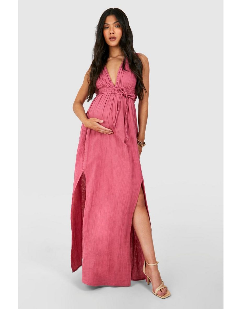 Maternity Belted Cheesecloth Maxi Dress - rose