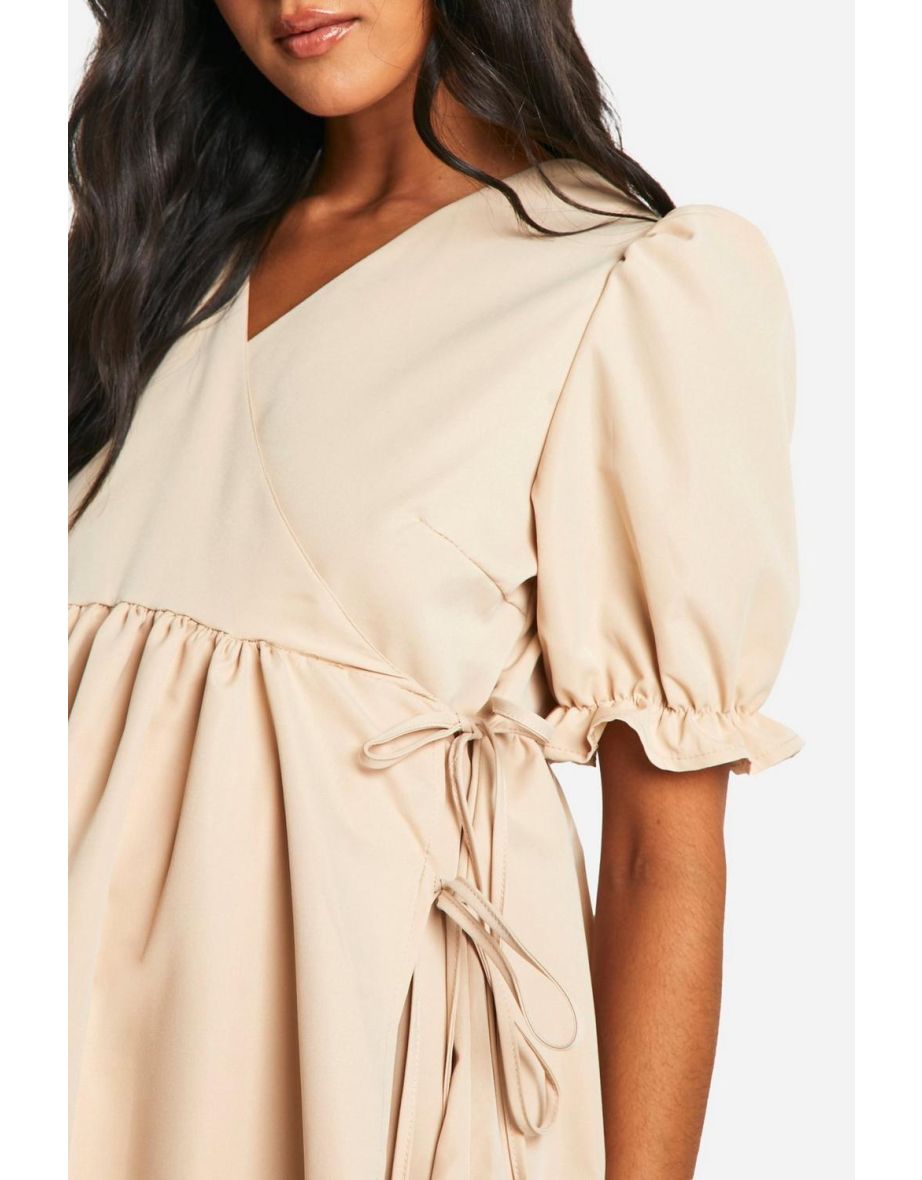 Maternity Puff Sleeve Wrap Mini Smock Dress - stone - 3
