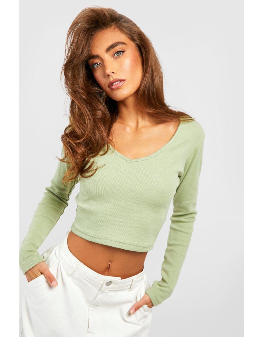 Basic Rib V Neck Long Sleeve Top - olive