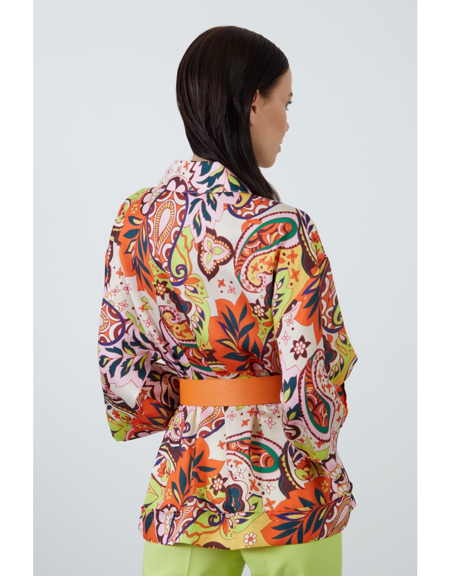 three-quarter sleeves Waist Belt Patterned Orange shirt - 3