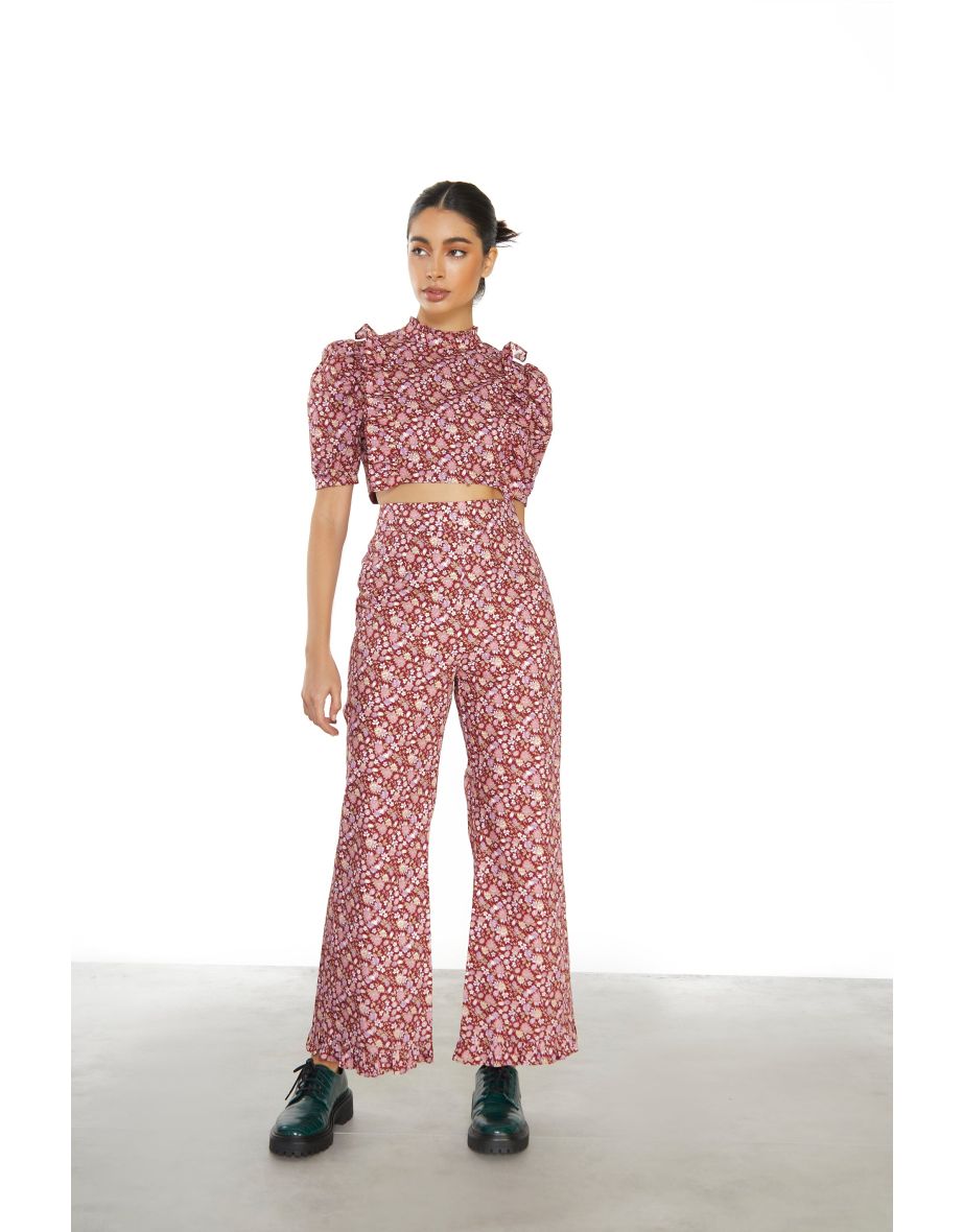 Glamorous Burgundy Chintz Floral High Waisted Trousers