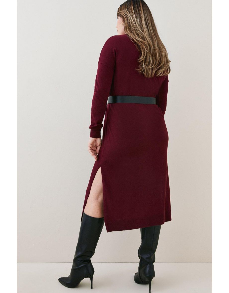 Plus Size Cashmere Blend Funnel Neck Belted Midi Dress - 2