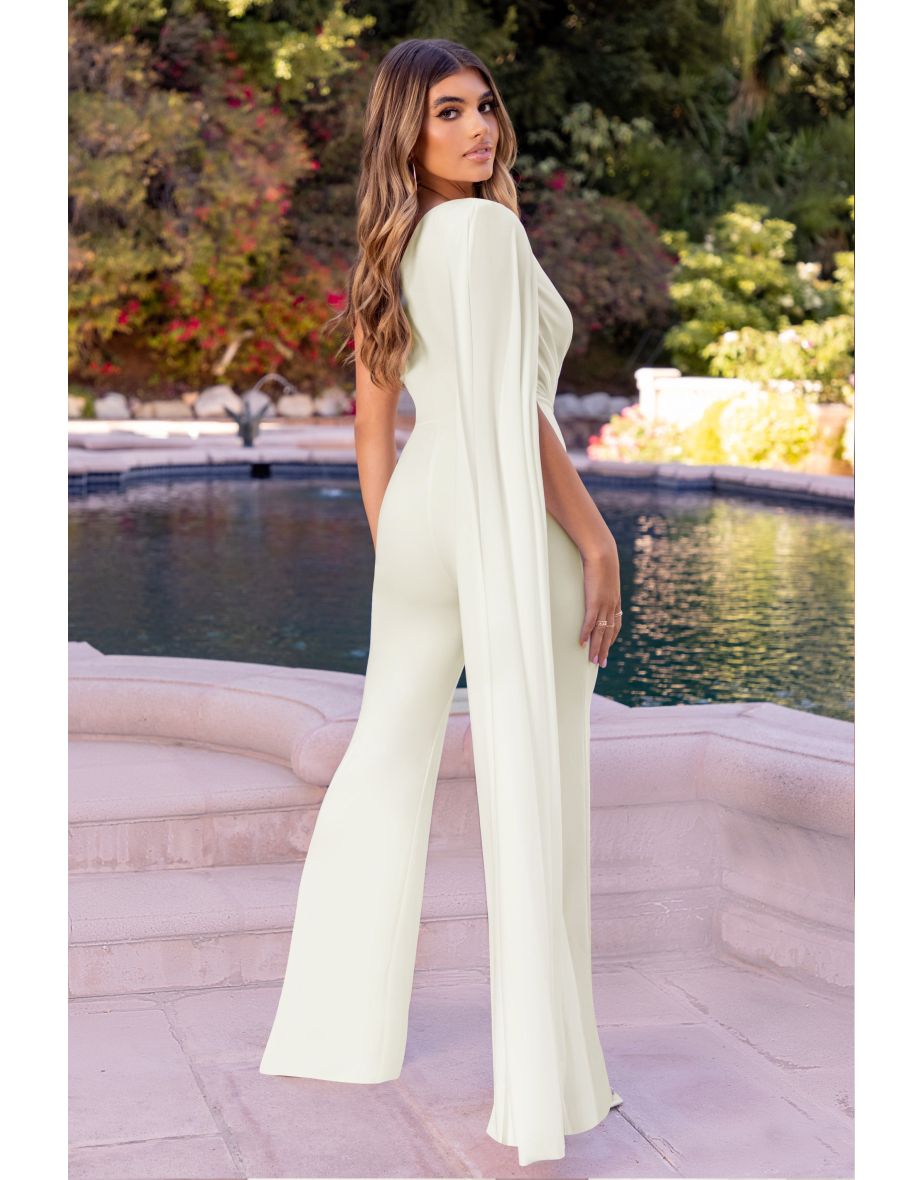Aurora | White One Shoulder Cape Sleeve Jumpsuit - 5