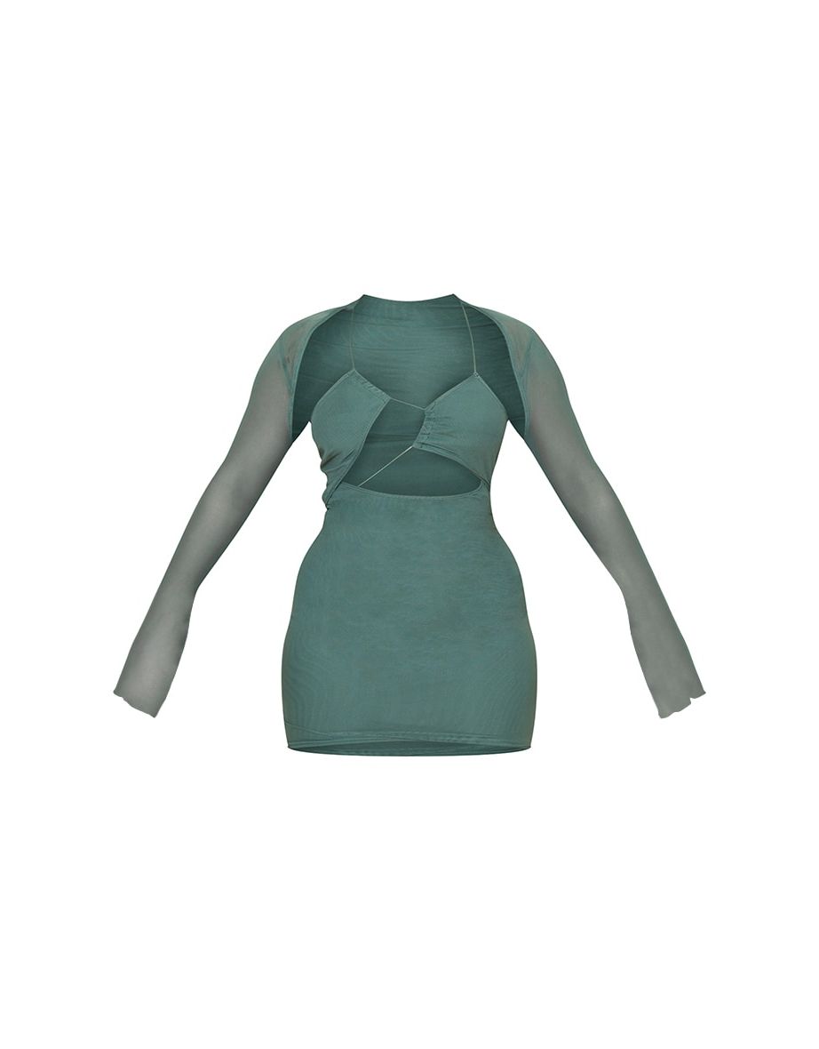 Green Plus Chiffon Bodycon Mini Dress with Long Sleeve - 4