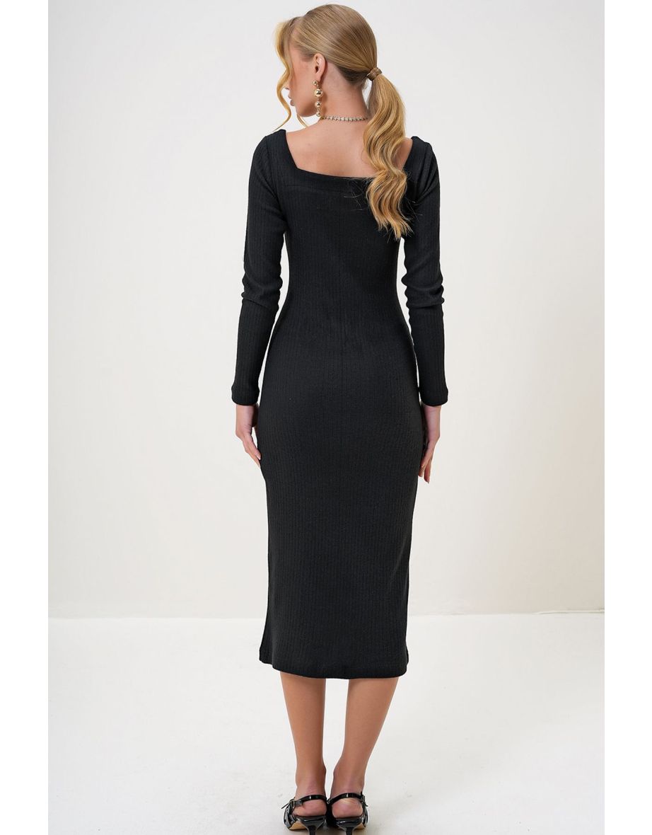 Women's Black Square Neck Long Sleeve Midi Length Interlock Fabric Dress - 4