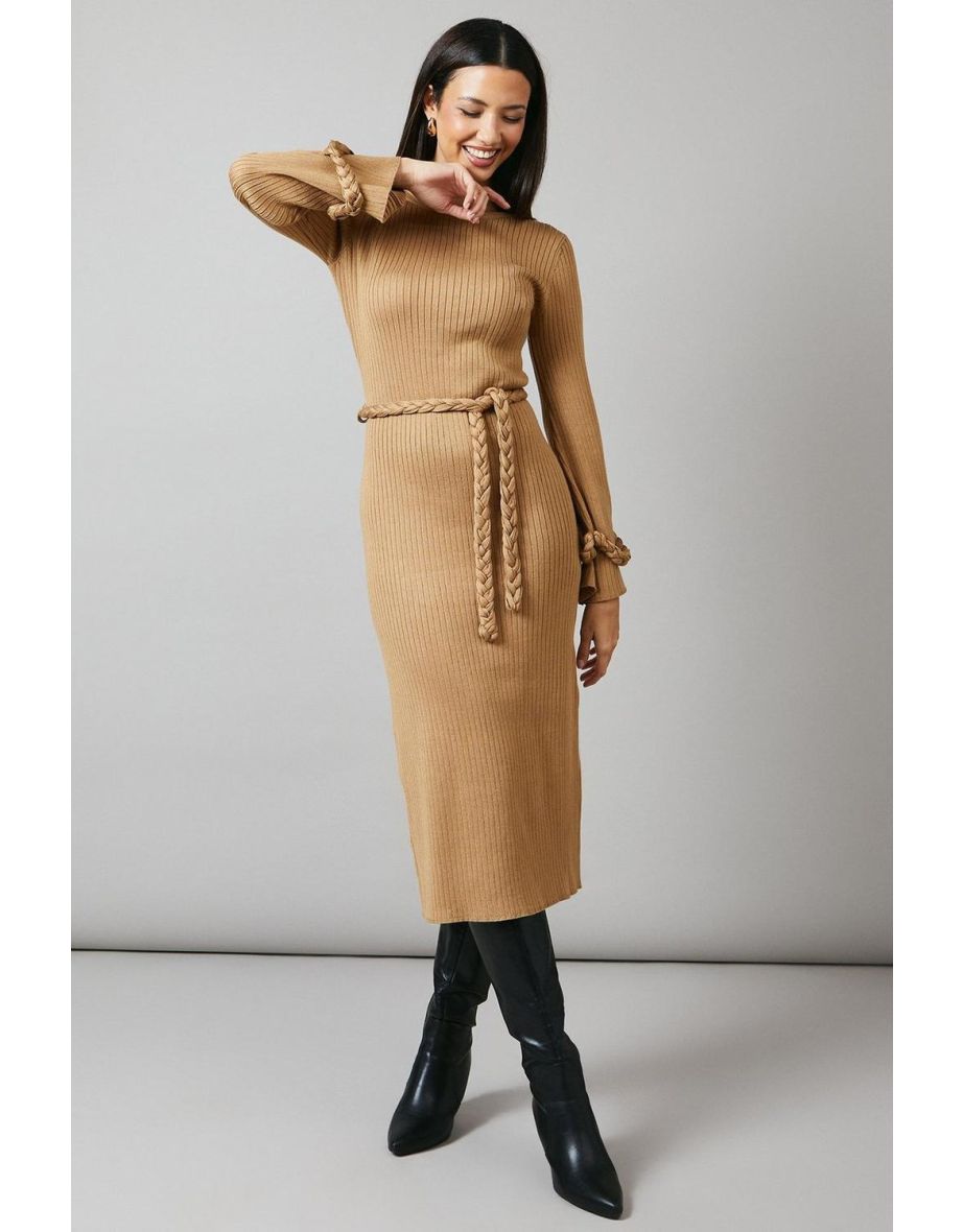 Plaited Ribbed Belted Midi Dress