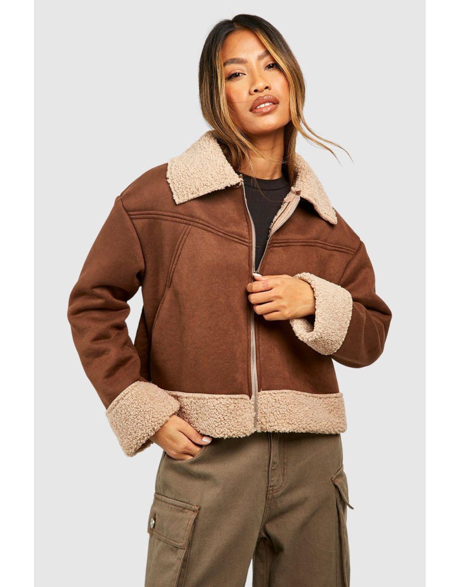 Petite crop borg trim flying outlet jacket