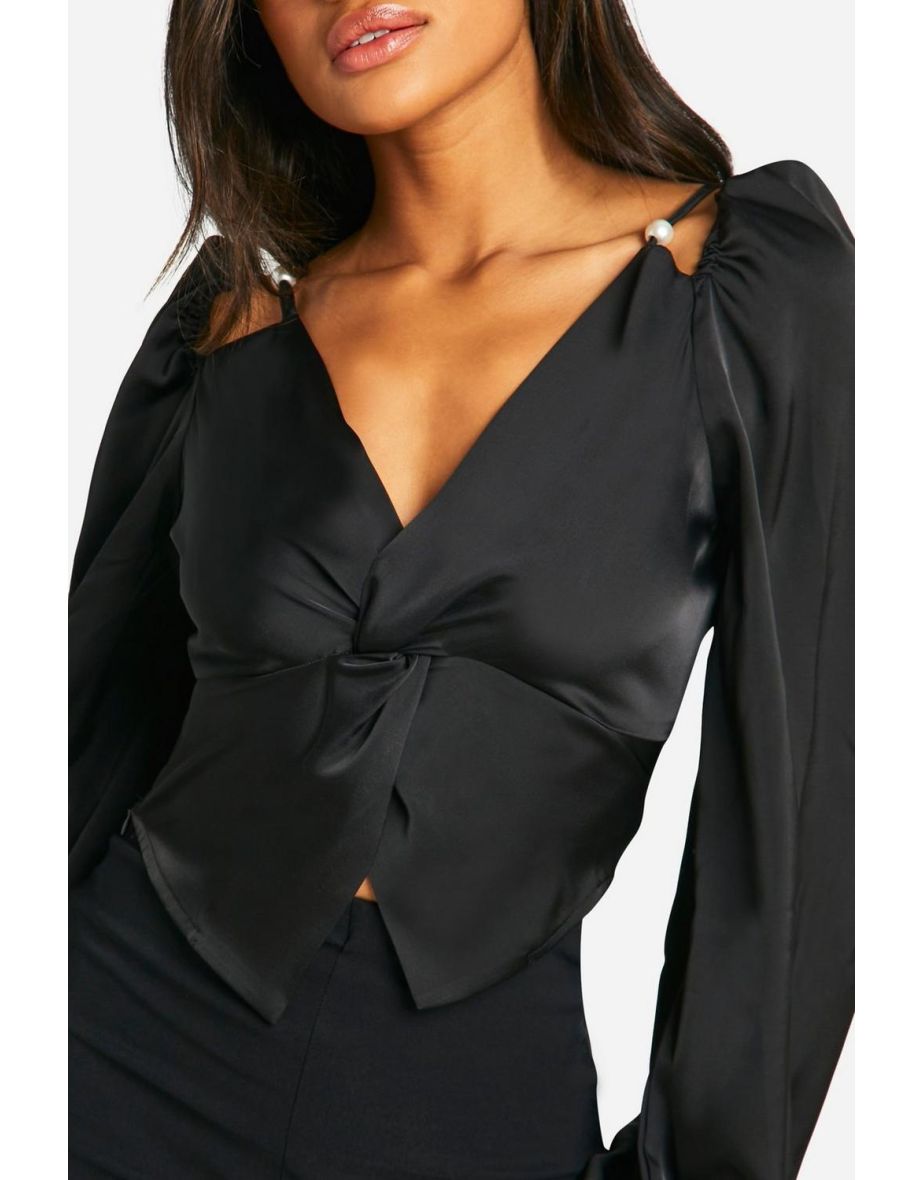 Satin Pearl Detail Long Sleeve Corset Top - black - 3