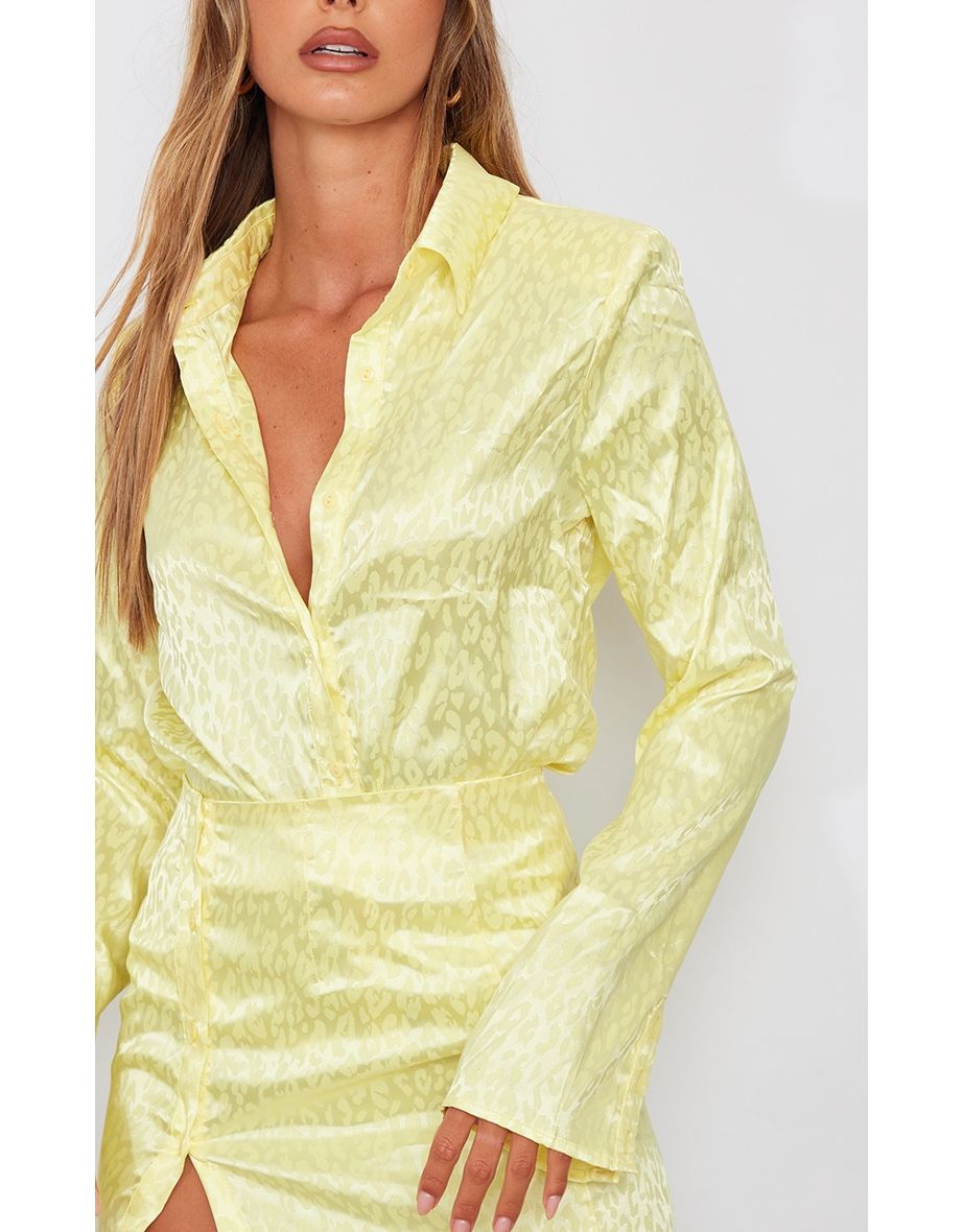 Yellow Leopard Print Jacquard Satin Structured Shirt - 3