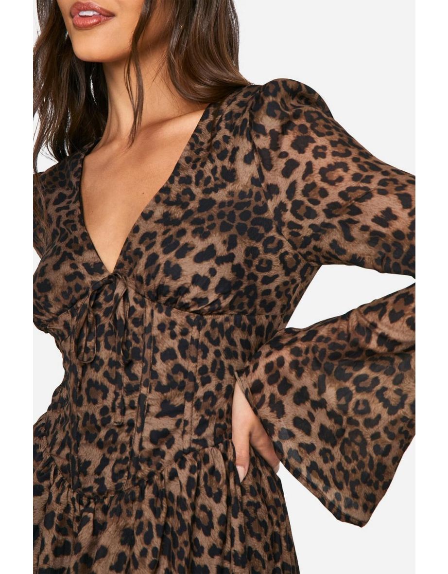 Chiffon Leopard Print Puff Sleeve Milkmaid Maxi Dress - leopard - 3