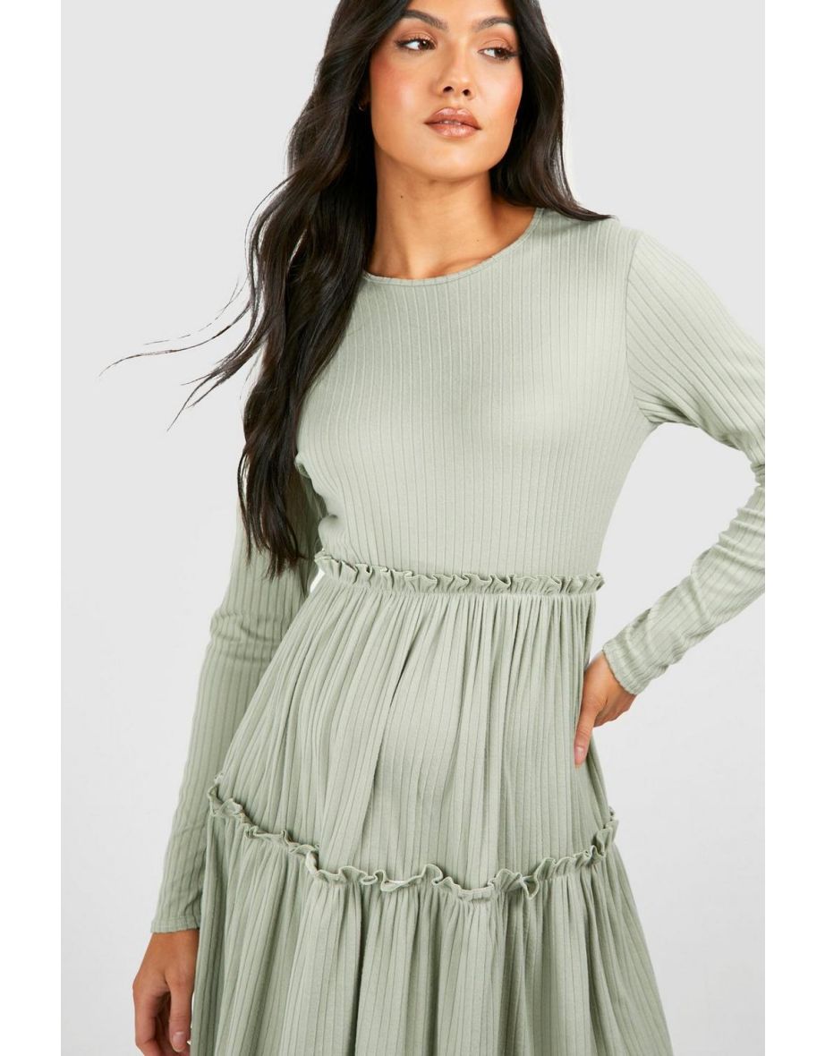 Maternity Frill Jumbo Rib Smock Dress - sage - 3