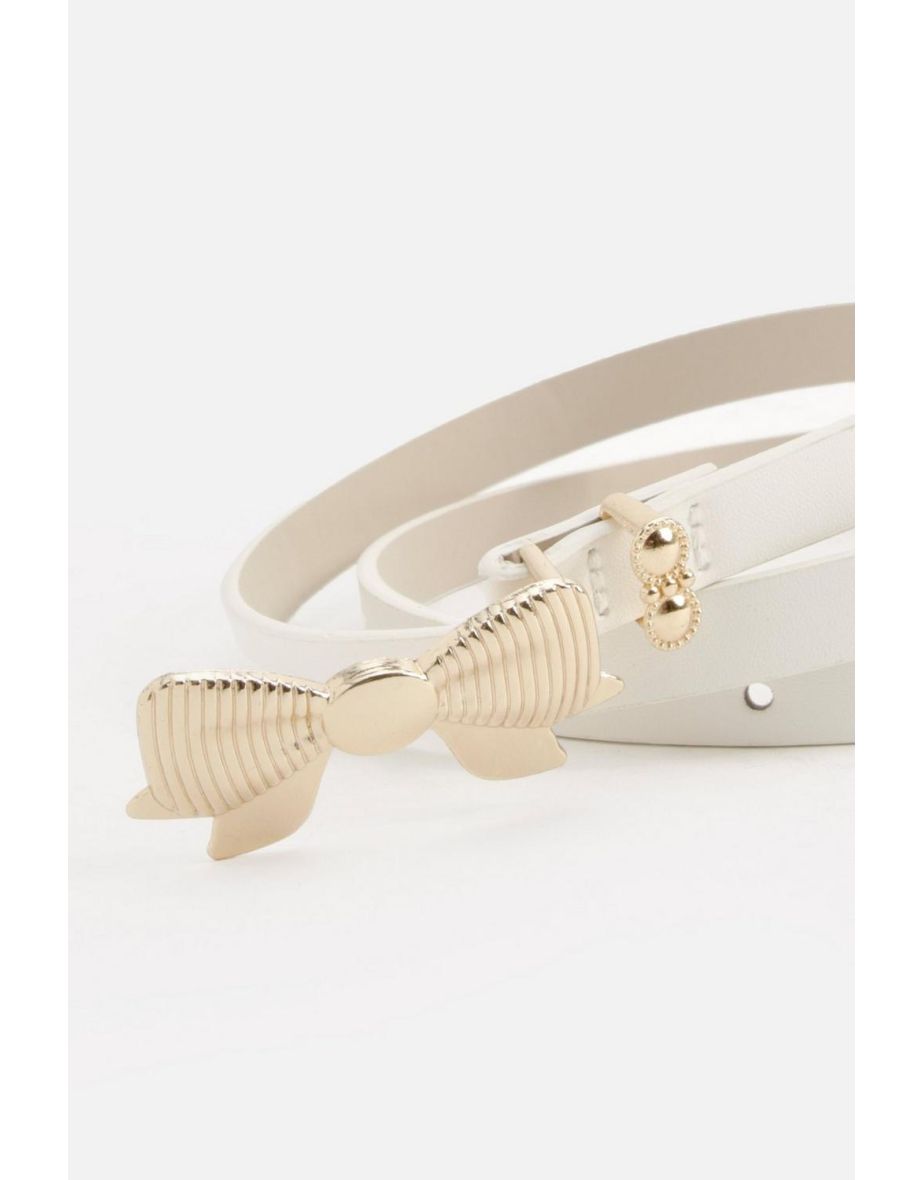 Bow Buckle Skinny Belt - white - 3