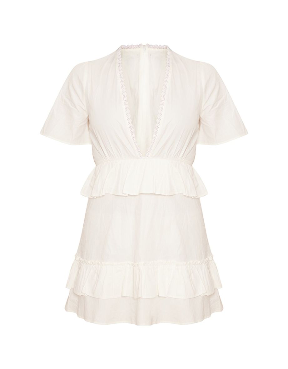 White Short Sleeve Tiered Skirt Shift Dress - 4