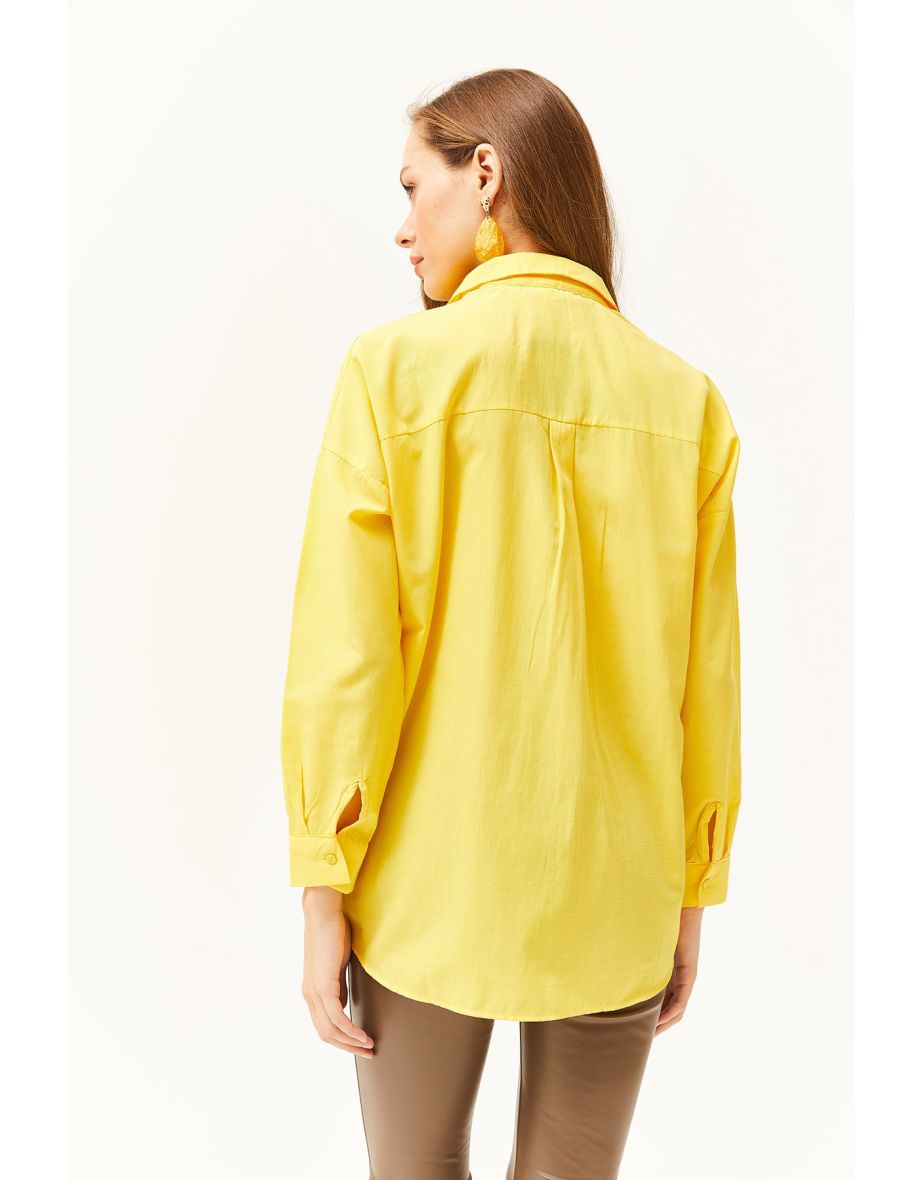 Women's Yellow Sequin Detailed Woven Boyfriend Shirt - 5