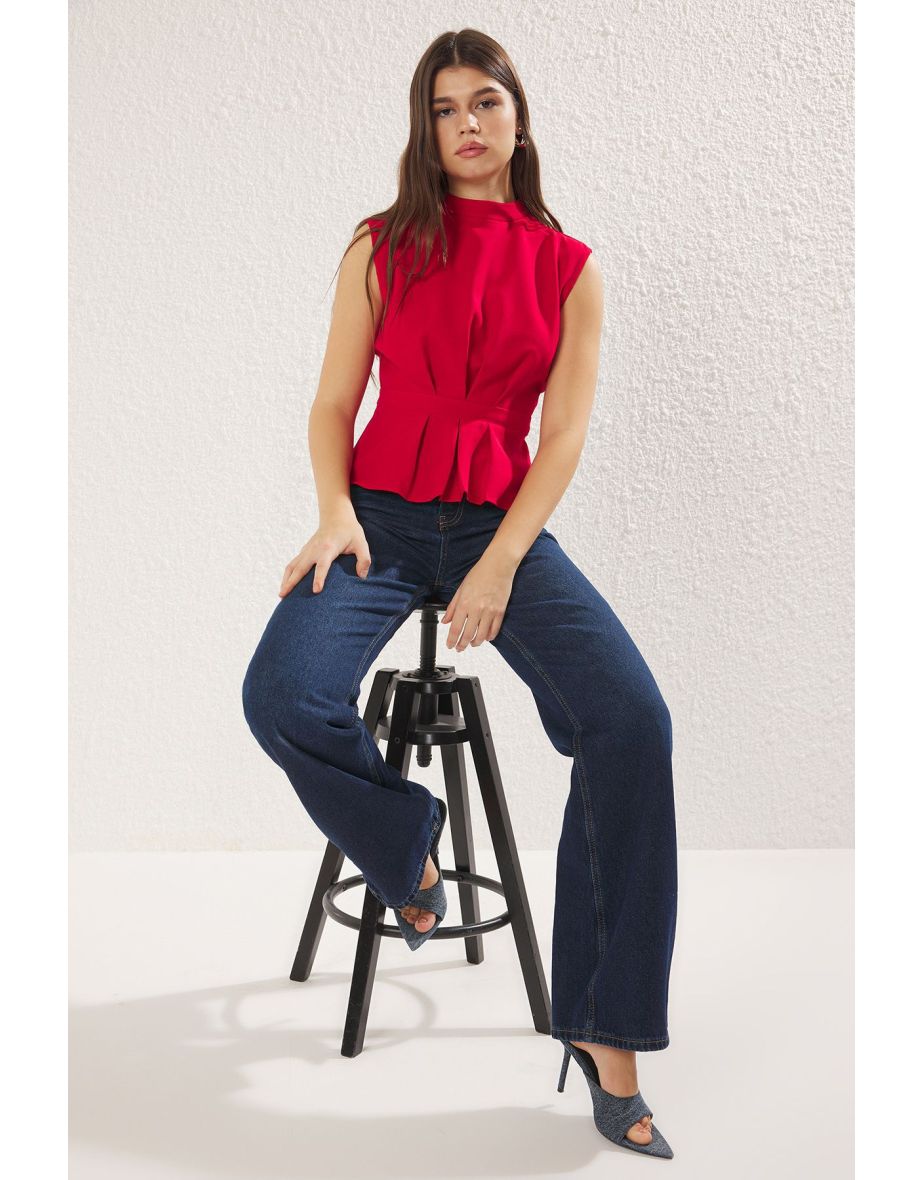 Red Woven Crew Neck Sleeveless Blouse - 4