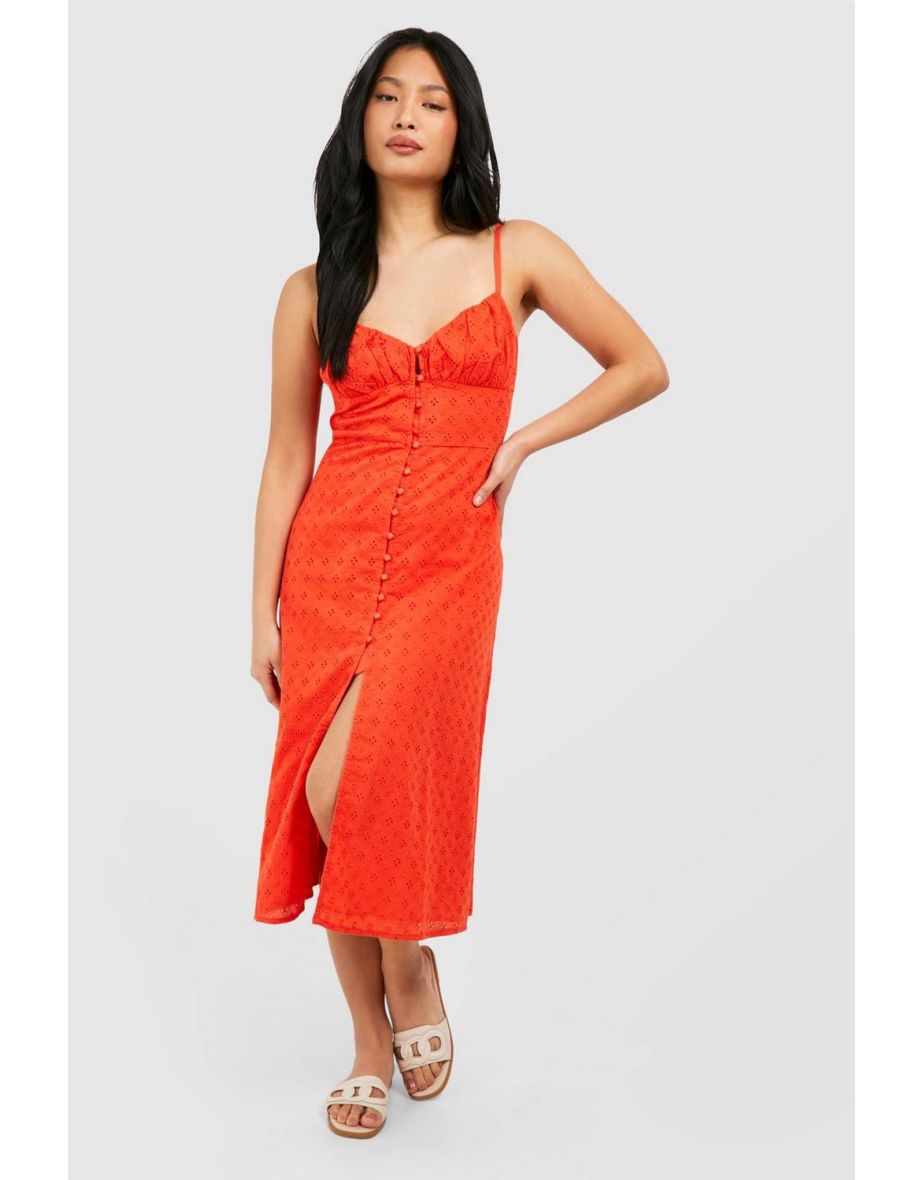 Petite Broderie Button Detail Midaxi Dress - red