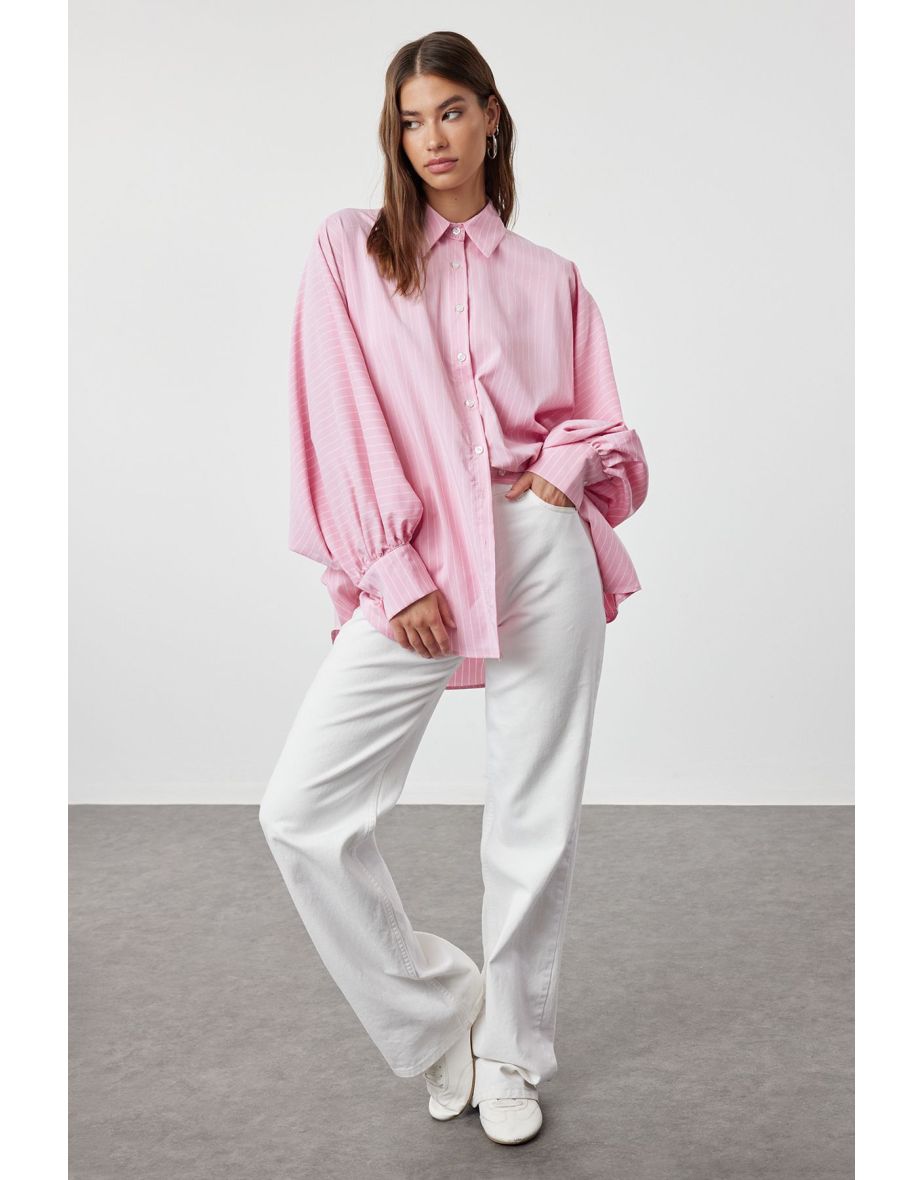 Pink Regular Striped Low Sleeve Woven Hijab Shirt