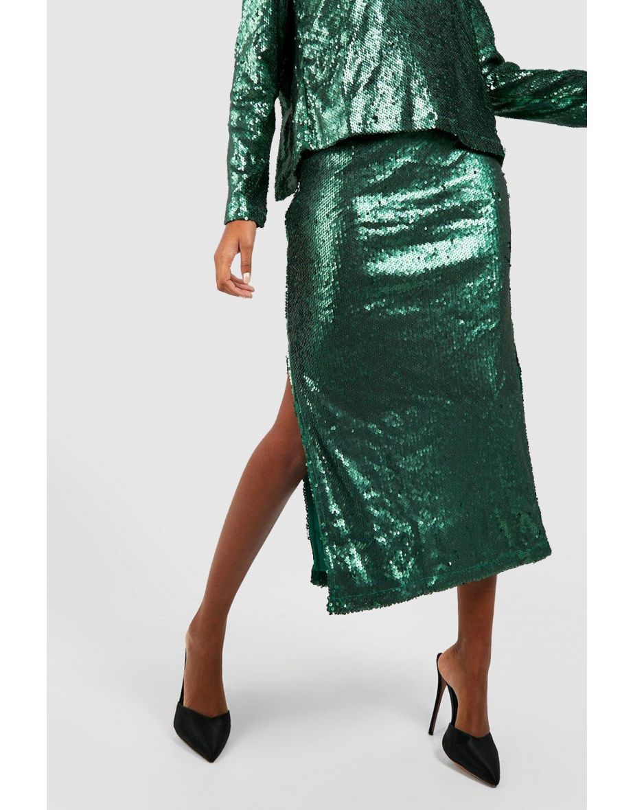Matte Sequin Split Side Midaxi Skirt - emerald - 3