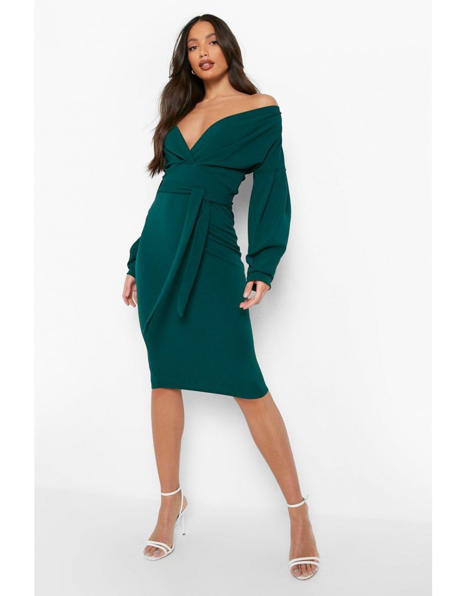 Tall Off The Shoulder Wrap Midi Bodycon Dress - emerald